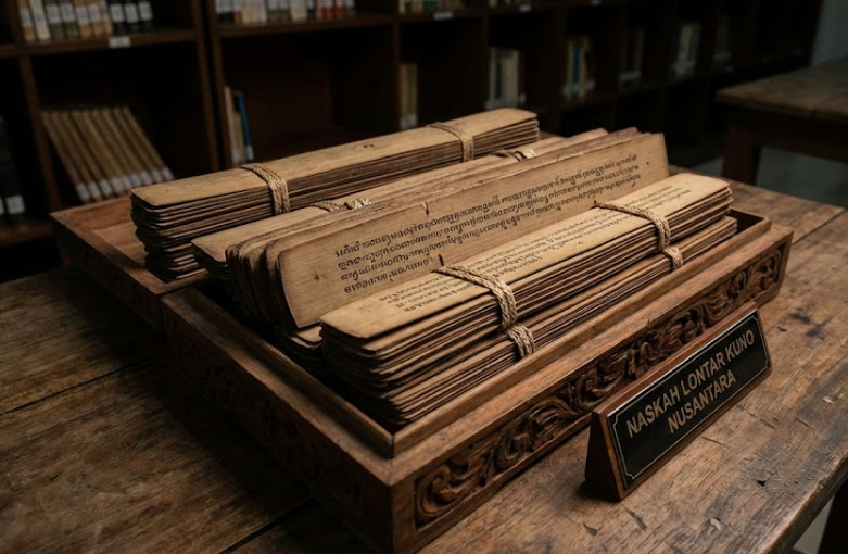 Tumpukan naskah lontar kuno (manuskrip daun siwalan) yang tersusun rapi dengan pengikat benang dan kotak penyimpanan kayu tradisional atau kropak.