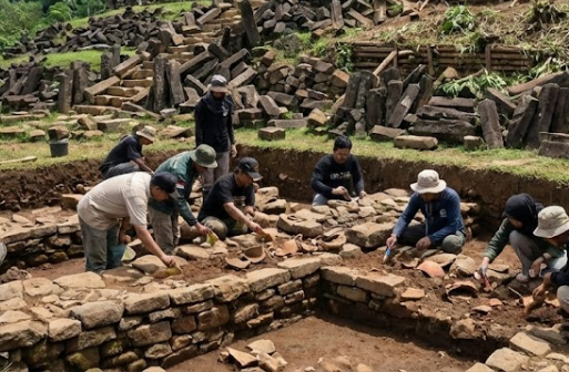 Tim arkeolog melakukan ekskavasi di situs Gunung Padang dengan latar belakang struktur batu andesit yang tersusun rapi.