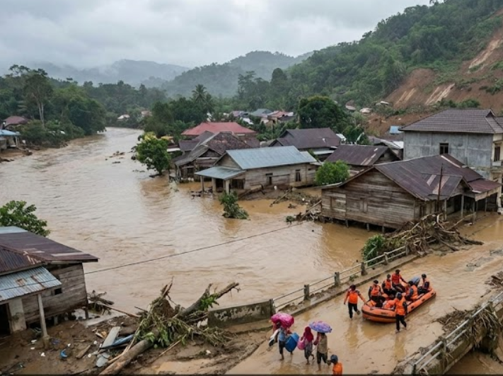 Foto udara kawasan permukiman di Sumatra yang terendam banjir bandang berwarna cokelat pekat dengan tim SAR mengevakuasi warga menggunakan perahu karet.